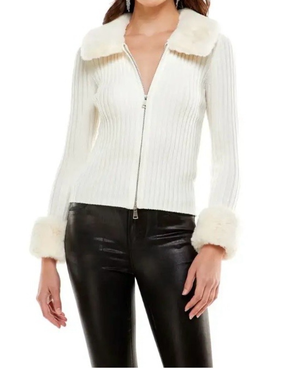 WAYF X Emma Rose Faux Fur Trim Cardigan Ivory Sz Medium (stretchy & soft)